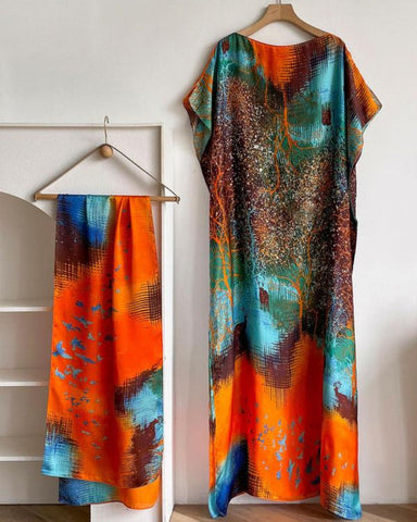 Women's Peacock Print Cape Shawl & Scarf Set – Elegant Beach Swim Cover-Up