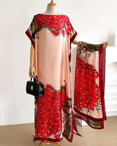 Women's Peacock Print Cape Shawl & Scarf Set – Elegant Beach Swim Cover-Up