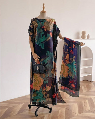 Women's Peacock Print Cape Shawl & Scarf Set – Elegant Beach Swim Cover-Up