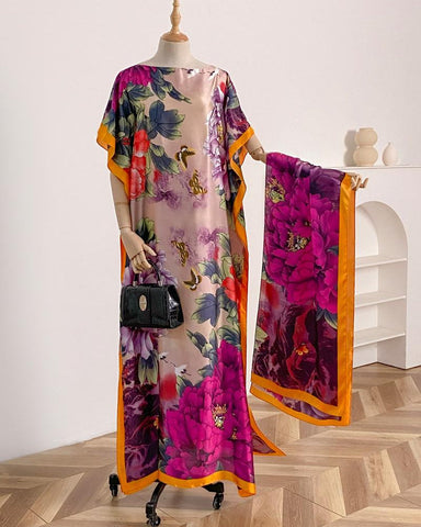 Women's Peacock Print Cape Shawl & Scarf Set – Elegant Beach Swim Cover-Up