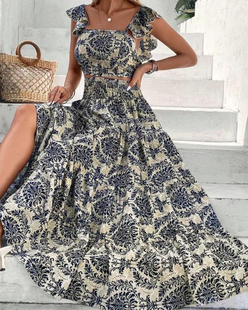 Ethnic Pattern Butterfly-Sleeve Crop Top & Shirred High Waist A-Line Skirt Set
