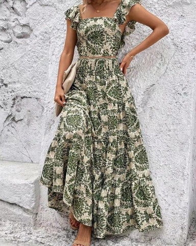 Ethnic Pattern Butterfly-Sleeve Crop Top & Shirred High Waist A-Line Skirt Set