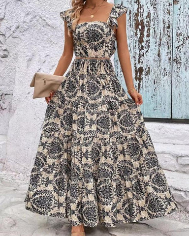 Ethnic Pattern Butterfly-Sleeve Crop Top & Shirred High Waist A-Line Skirt Set