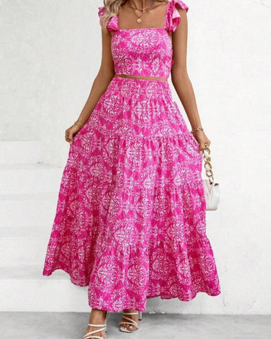 Ethnic Pattern Butterfly-Sleeve Crop Top & Shirred High Waist A-Line Skirt Set