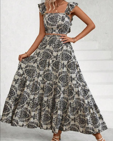 Ethnic Pattern Butterfly-Sleeve Crop Top & Shirred High Waist A-Line Skirt Set