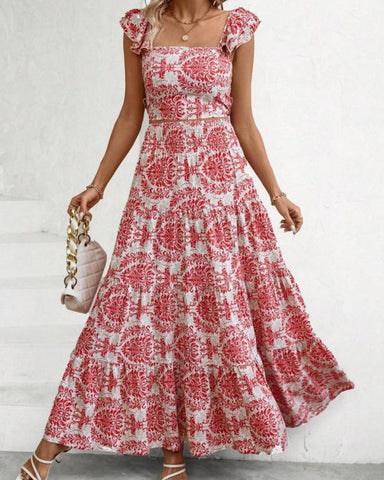 Ethnic Pattern Butterfly-Sleeve Crop Top & Shirred High Waist A-Line Skirt Set