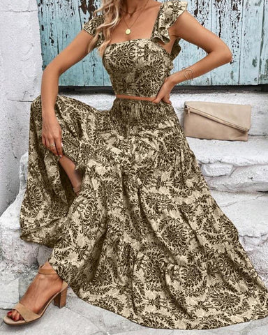 Ethnic Pattern Butterfly-Sleeve Crop Top & Shirred High Waist A-Line Skirt Set