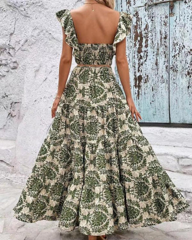 Ethnic Pattern Butterfly-Sleeve Crop Top & Shirred High Waist A-Line Skirt Set