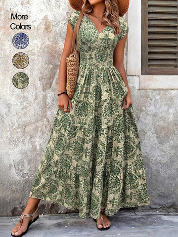 Women's All Over Print Shirred Dress, Boho Fashion Short Sleeve V Neck Dress for Daily Holiday Vacation Wear, Women Dress for Summer