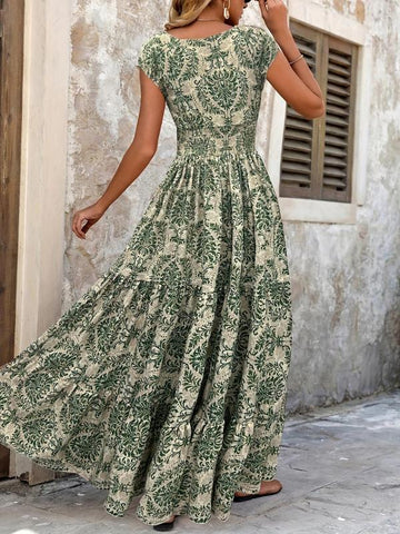 Women's All Over Print Shirred Dress, Boho Fashion Short Sleeve V Neck Dress for Daily Holiday Vacation Wear, Women Dress for Summer
