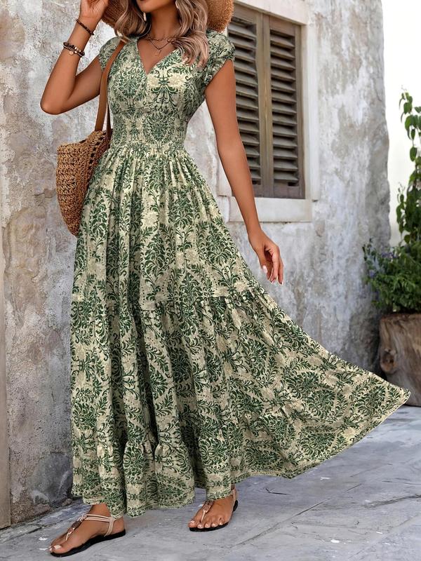 Women's All Over Print Shirred Dress, Boho Fashion Short Sleeve V Neck Dress for Daily Holiday Vacation Wear, Women Dress for Summer