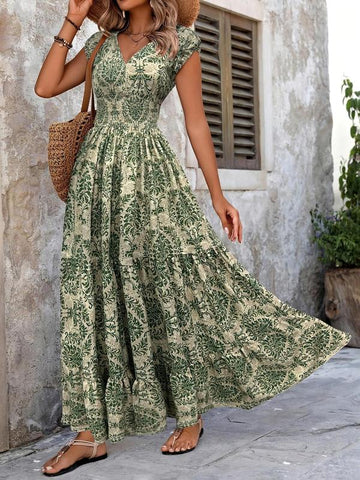 Women's All Over Print Shirred Dress, Boho Fashion Short Sleeve V Neck Dress for Daily Holiday Vacation Wear, Women Dress for Summer
