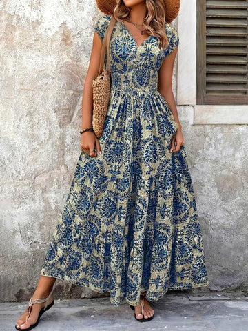 Women's All Over Print Shirred Dress, Boho Fashion Short Sleeve V Neck Dress for Daily Holiday Vacation Wear, Women Dress for Summer