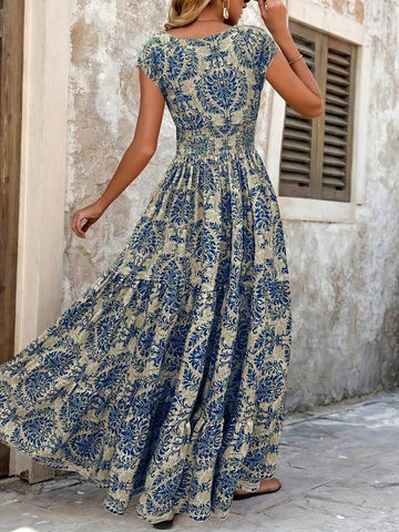 Women's All Over Print Shirred Dress, Boho Fashion Short Sleeve V Neck Dress for Daily Holiday Vacation Wear, Women Dress for Summer