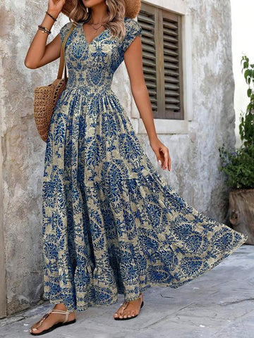 Women's All Over Print Shirred Dress, Boho Fashion Short Sleeve V Neck Dress for Daily Holiday Vacation Wear, Women Dress for Summer