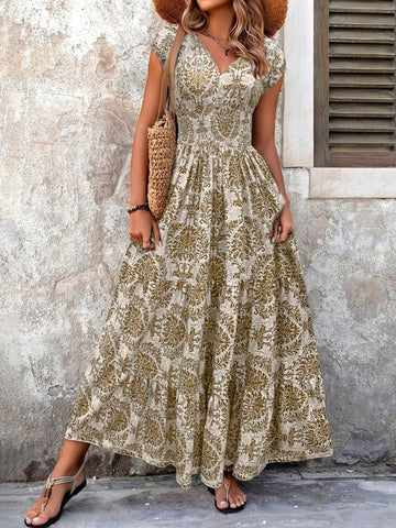 Women's All Over Print Shirred Dress, Boho Fashion Short Sleeve V Neck Dress for Daily Holiday Vacation Wear, Women Dress for Summer