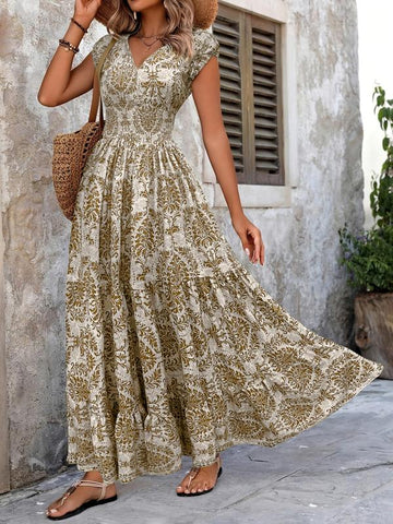 Women's All Over Print Shirred Dress, Boho Fashion Short Sleeve V Neck Dress for Daily Holiday Vacation Wear, Women Dress for Summer