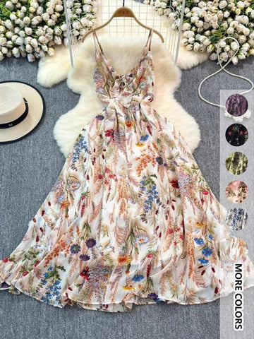 Women's Boho Floral-Print Cami Dress, Fashion Casual A-Line Dress for Beach Holiday Vacation