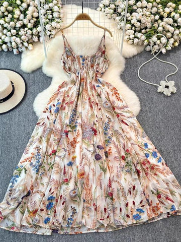 Women's Boho Floral-Print Cami Dress, Fashion Casual A-Line Dress for Beach Holiday Vacation