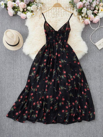 Women's Boho Floral-Print Cami Dress, Fashion Casual A-Line Dress for Beach Holiday Vacation