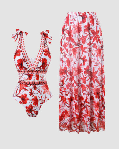 Shapejelly® V Neck Lace Up Strip Plant Prints One Piece Swimsuit and Skirt/Sarong
