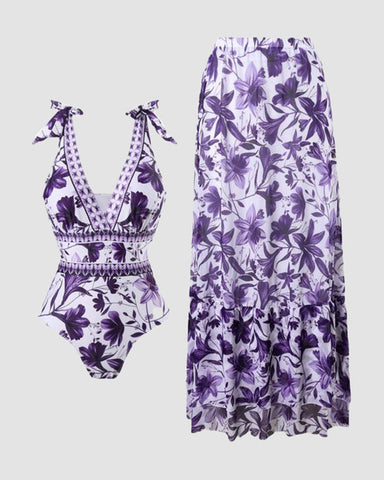 Shapejelly® V Neck Lace Up Strip Plant Prints One Piece Swimsuit and Skirt/Sarong