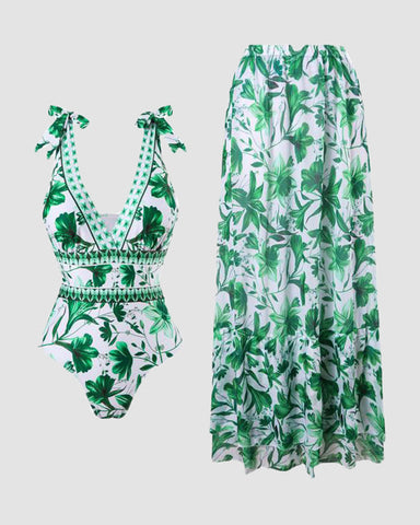 Shapecurve? V Neck Lace Up Strip Plant Prints One Piece Swimsuit and Skirt/Sarong