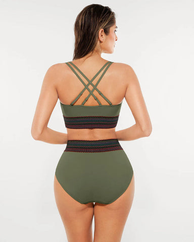 High-Waisted Two-Piece Bikini, Snakeskin Print Push-Up Swimsuit with Ruched Front