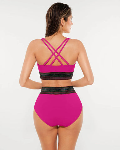 High-Waisted Two-Piece Bikini, Snakeskin Print Push-Up Swimsuit with Ruched Front