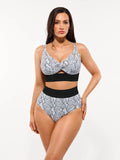 High-Waisted Two-Piece Bikini, Snakeskin Print Push-Up Swimsuit with Ruched Front