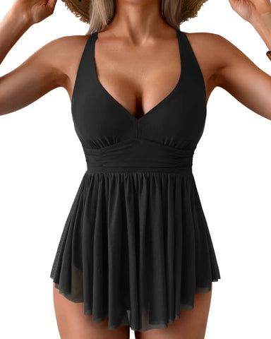 V-Neck Mesh Swim Dress with Tummy Control & Tie Back