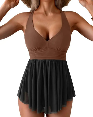 V-Neck Mesh Swim Dress with Tummy Control & Tie Back