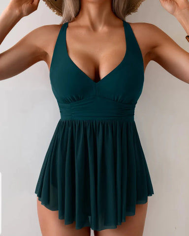 V-Neck Mesh Swim Dress with Tummy Control & Tie Back