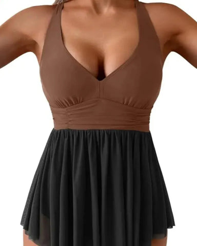 V-Neck Mesh Swim Dress with Tummy Control & Tie Back