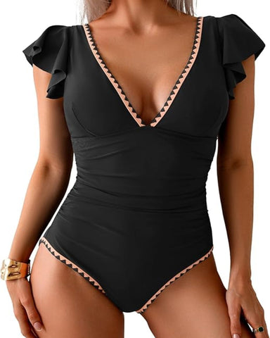 Flattering V Neck One Piece Ruffle Swimsuit