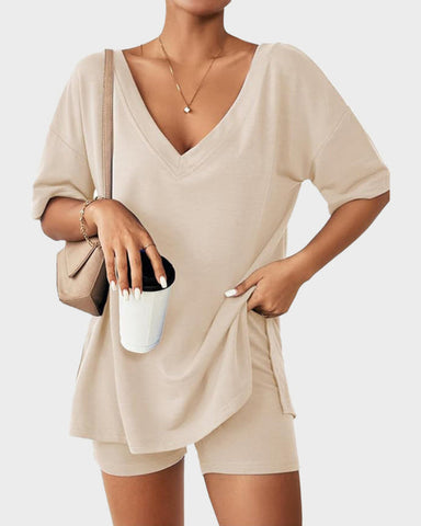 Casual 2-Piece Loungewear Set Oversized Split Hem Top & Fitted Shorts