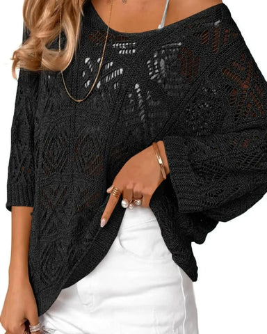 Women's Bohemian-Inspired Beige Crochet Top with V-Neck