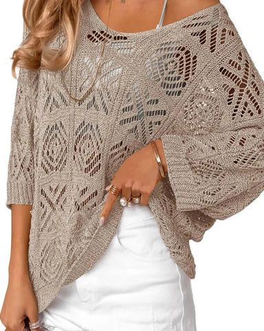 Women's Bohemian-Inspired Beige Crochet Top with V-Neck