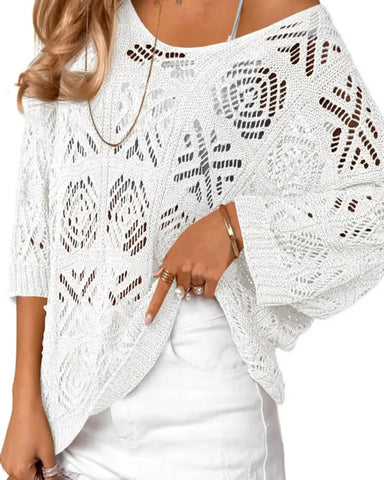 Women's Bohemian-Inspired Beige Crochet Top with V-Neck