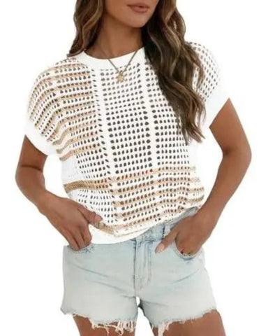 Women's Bohemian-Inspired Beige Crochet Top with V-Neck