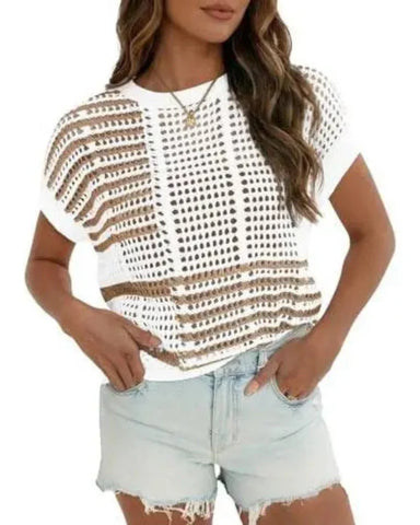 Women's Bohemian-Inspired Beige Crochet Top with V-Neck