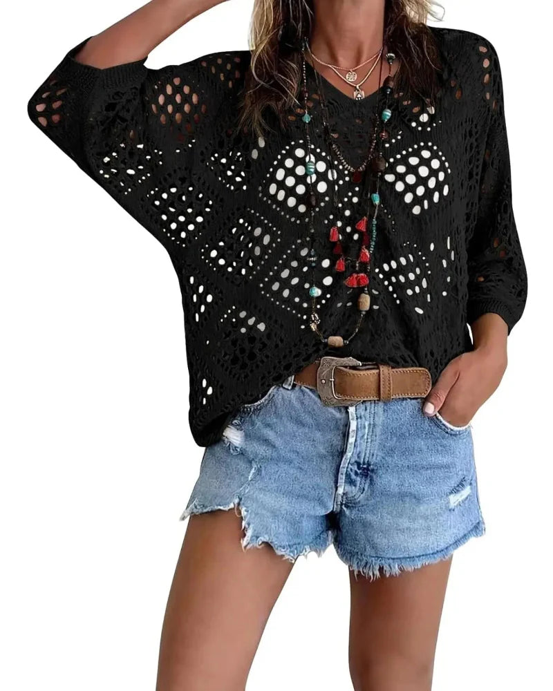 Women's Bohemian-Inspired Beige Crochet Top with V-Neck