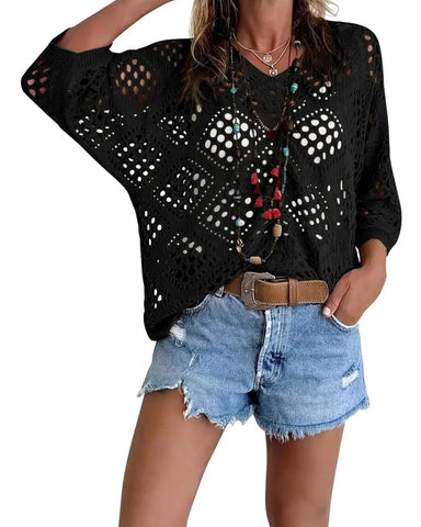 Women's Bohemian-Inspired Beige Crochet Top with V-Neck