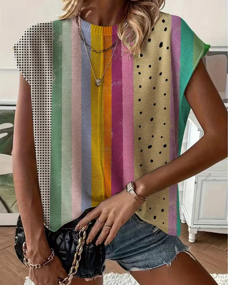 Summer Striped Knit Top, Drop Shoulder Loose Cover Up