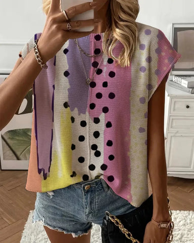 Summer Striped Knit Top, Drop Shoulder Loose Cover Up