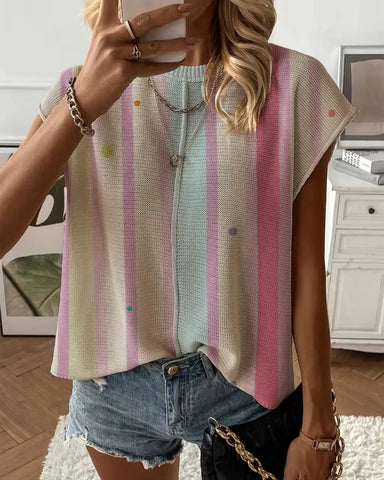Summer Striped Knit Top, Drop Shoulder Loose Cover Up