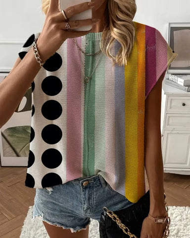 Summer Striped Knit Top, Drop Shoulder Loose Cover Up