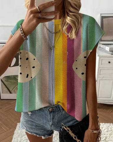 Summer Striped Knit Top, Drop Shoulder Loose Cover Up