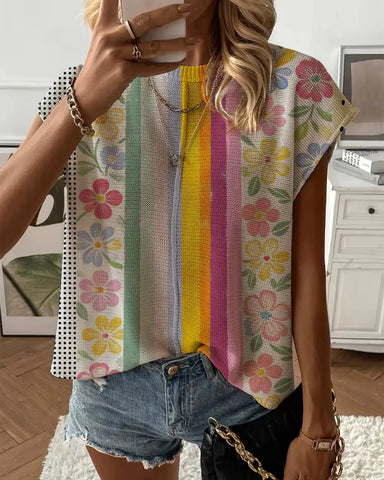 Summer Striped Knit Top, Drop Shoulder Loose Cover Up