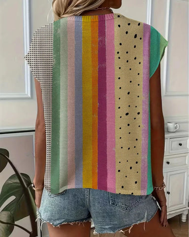 Summer Striped Knit Top, Drop Shoulder Loose Cover Up